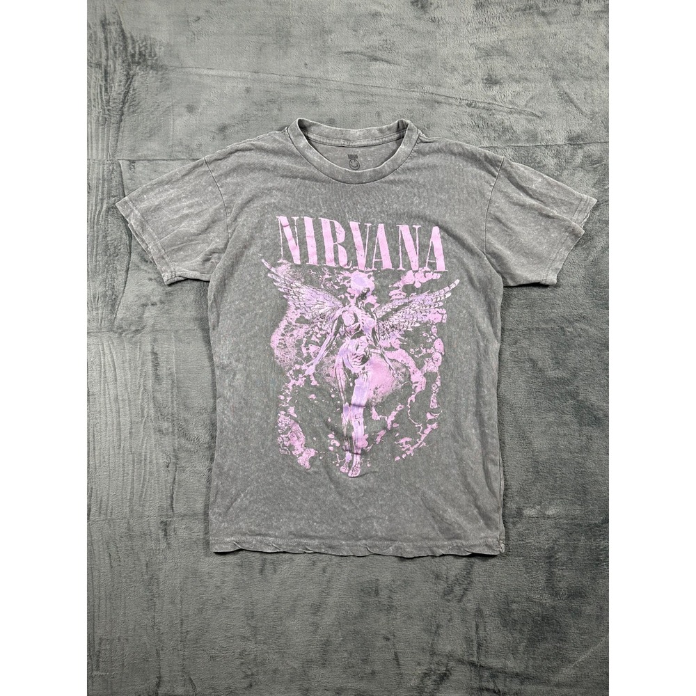 Nirvana In Utero Angel Graphic T-Shirt Gray Mineral Wash Pink Print Medium